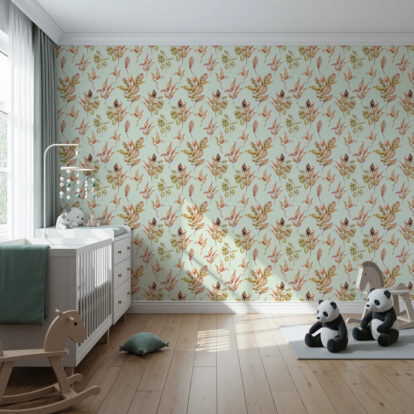 Front view of Whimsy Tots' Autumn Forage Garden Wallpaper in Mint Green