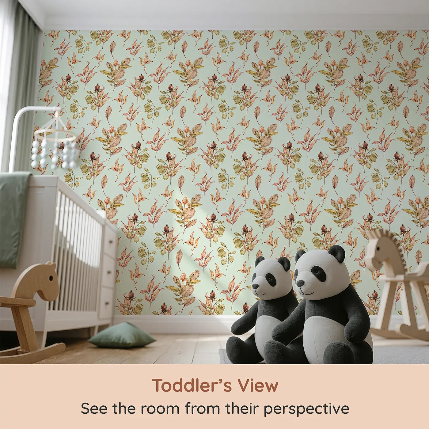 Whimsy Tots Autumn Forage Garden Wallpaper in Mint Green (W3368D) from your child's view.Fallen leaves and pods scatter softly on a gentle mint breeze.