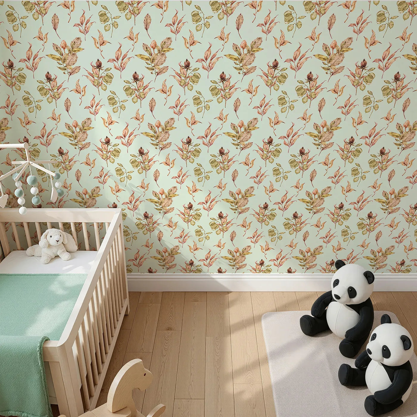 Top-Down view of Whimsy Tots' Autumn Forage Garden Wallpaper in Mint Green (W3368D).Fallen leaves and pods scatter softly on a gentle mint breeze.