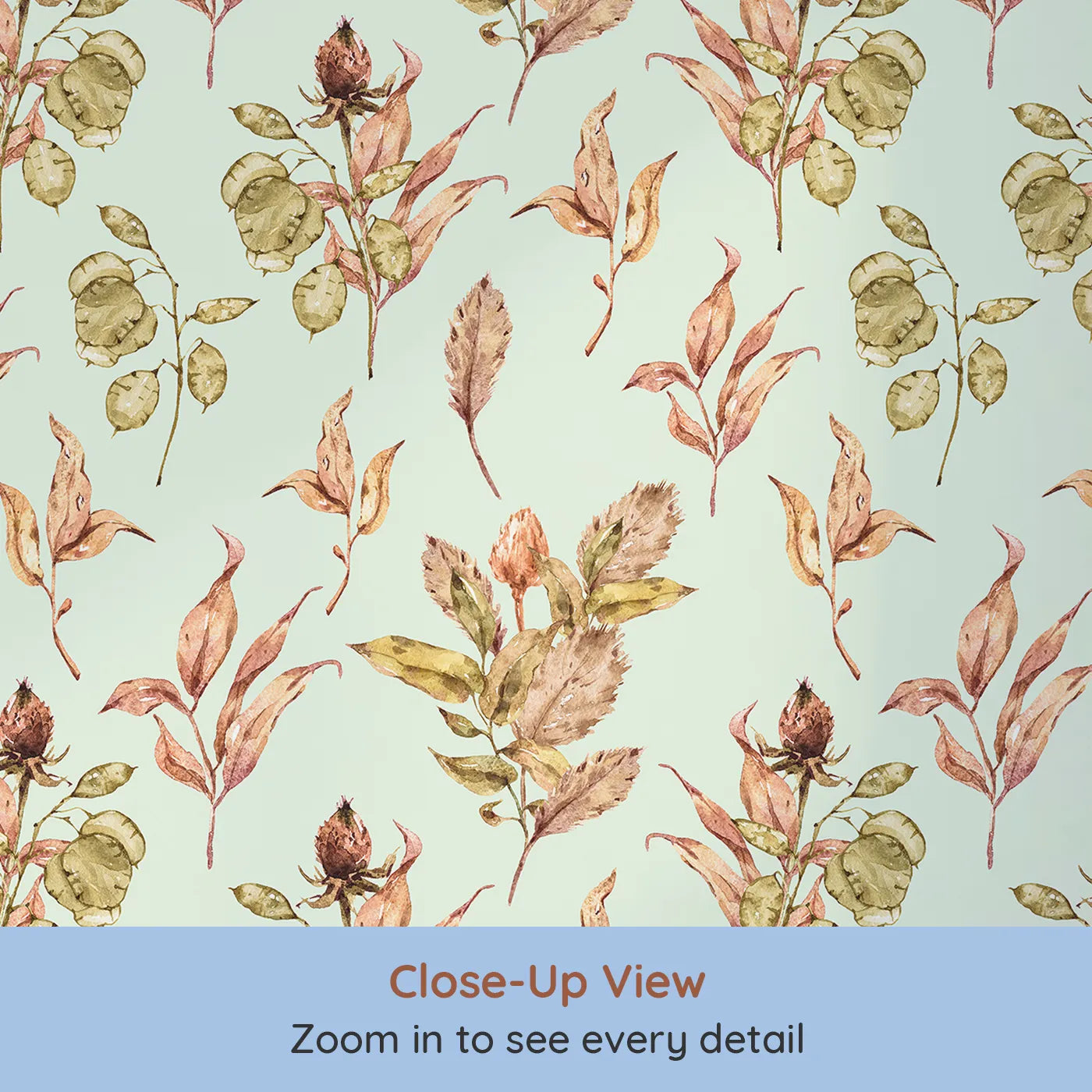 Close-up view of Whimsy Tots' Autumn Forage Garden Wallpaper in Mint Green (W3368D).Fallen leaves and pods scatter softly on a gentle mint breeze.