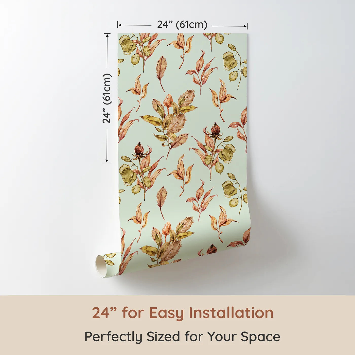 Dimension view of Whimsy Tots Autumn Forage Garden Wallpaper in Mint Green (W3368D). Printed in 24-inch-wide panel for easy installation. Fallen leaves and pods scatter softly on a gentle mint breeze.