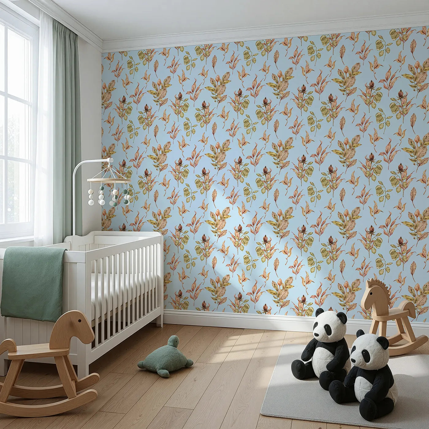 Angled view of Whimsy Tots' Autumn Forage Garden Wallpaper in Sky (W3368E).Autumn botanicals dance gently across a pale sky blue canvas.