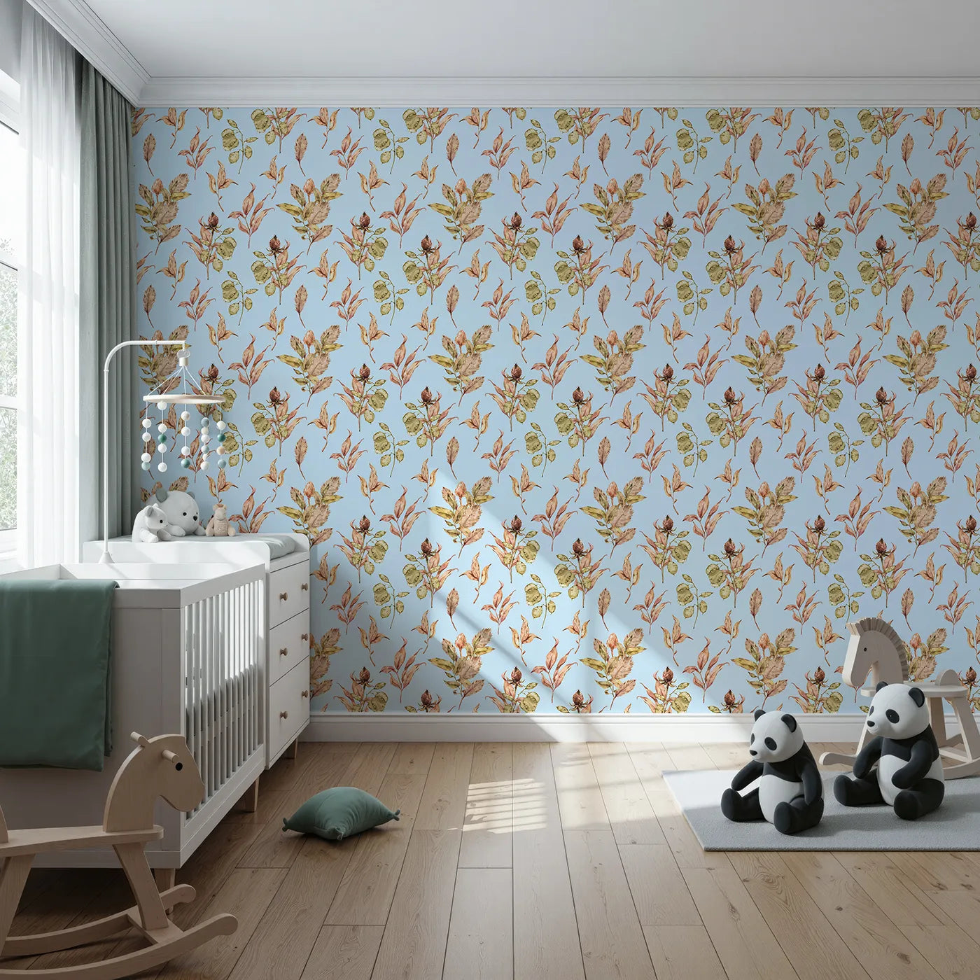 Front view of Whimsy Tots' Autumn Forage Garden Wallpaper in Sky