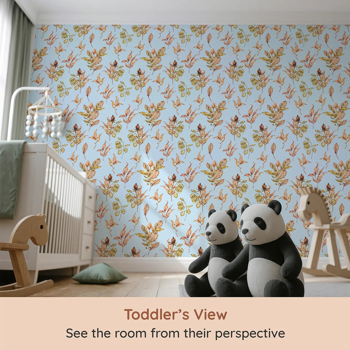 Whimsy Tots Autumn Forage Garden Wallpaper in Sky (W3368E) from your child's view.Autumn botanicals dance gently across a pale sky blue canvas.