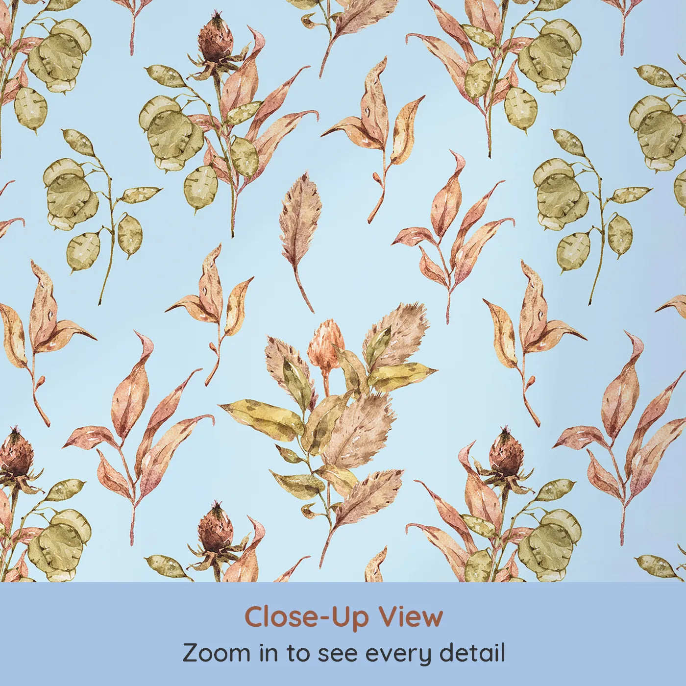 Close-up view of Whimsy Tots' Autumn Forage Garden Wallpaper in Sky (W3368E).Autumn botanicals dance gently across a pale sky blue canvas.