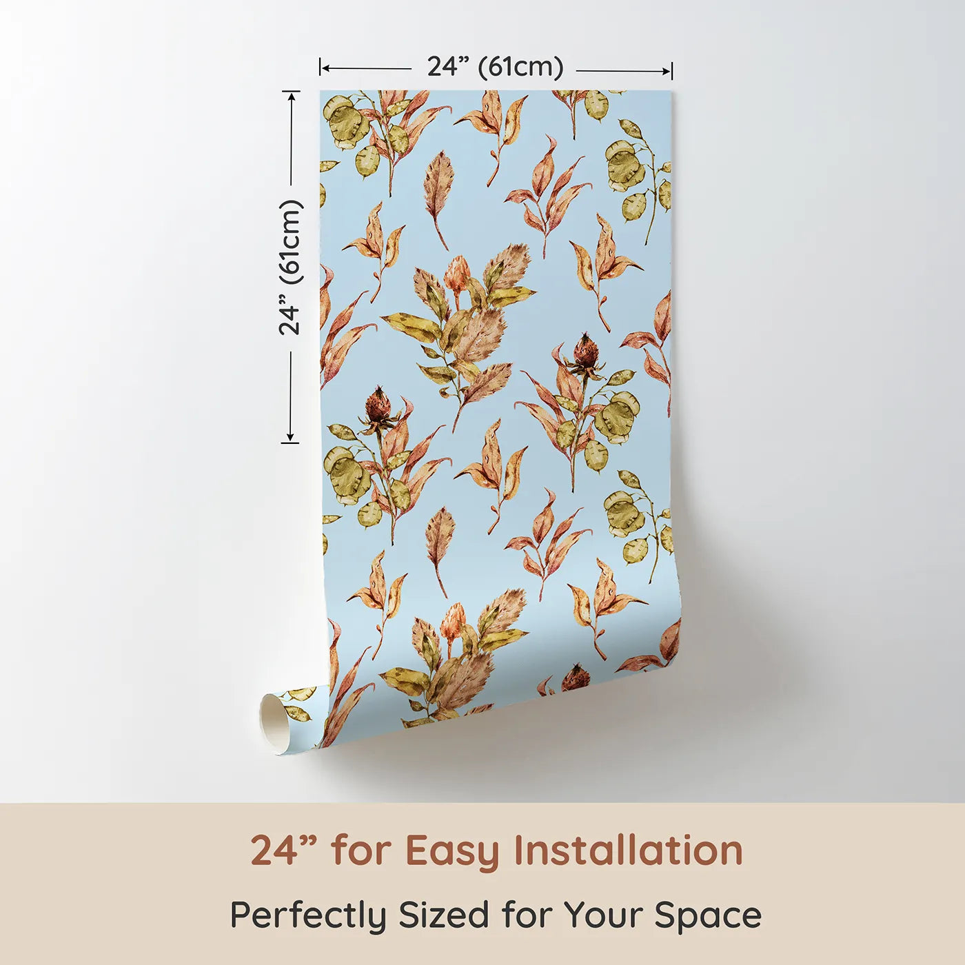 Dimension view of Whimsy Tots Autumn Forage Garden Wallpaper in Sky (W3368E). Printed in 24-inch-wide panel for easy installation. Autumn botanicals dance gently across a pale sky blue canvas.