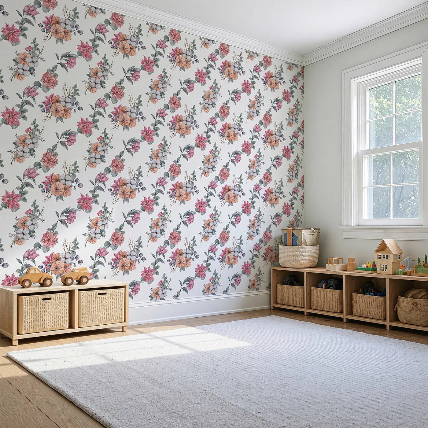 Angled view of Whimsy Tots' Winter Blooming Garden Wallpaper in White (W3369A).Watercolor florals and cotton sprigs bloom softly on a bright winter-white sky.
