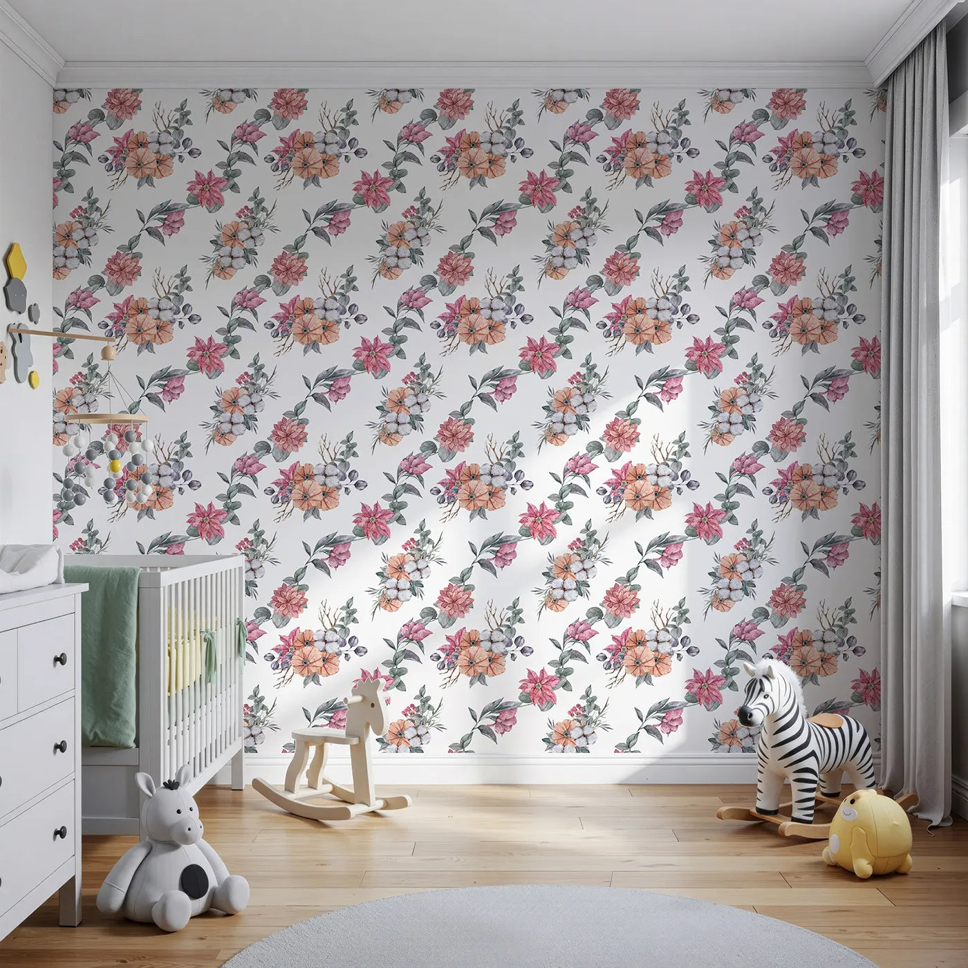 Front view of Whimsy Tots' Winter Blooming Garden Wallpaper in White
