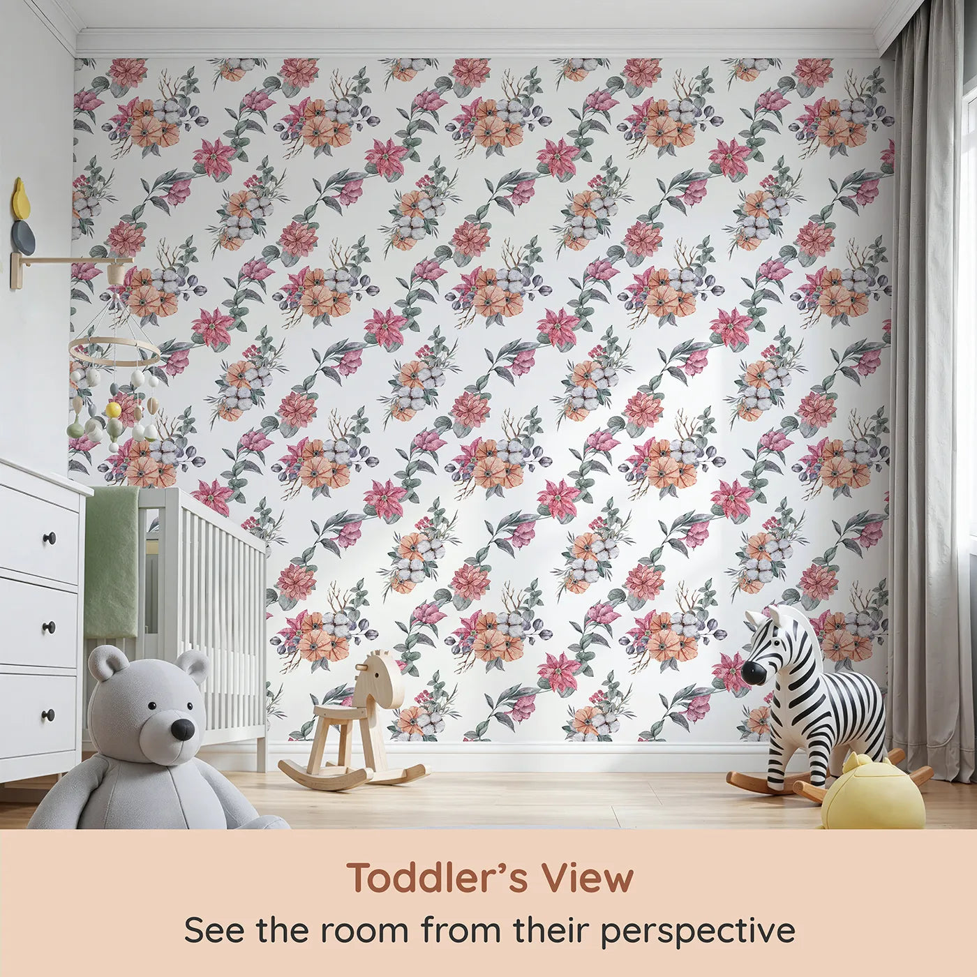 Whimsy Tots Winter Blooming Garden Wallpaper in White (W3369A) from your child's view.Watercolor florals and cotton sprigs bloom softly on a bright winter-white sky.