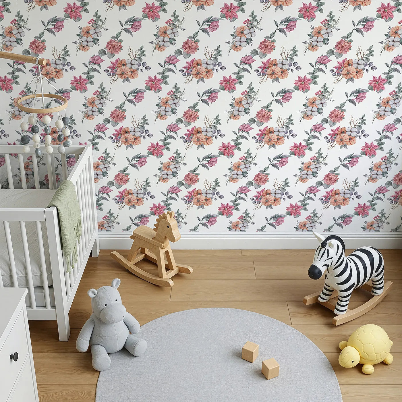 Top-Down view of Whimsy Tots' Winter Blooming Garden Wallpaper in White (W3369A).Watercolor florals and cotton sprigs bloom softly on a bright winter-white sky.