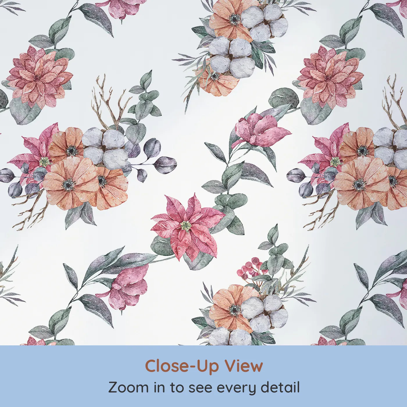 Close-up view of Whimsy Tots' Winter Blooming Garden Wallpaper in White (W3369A).Watercolor florals and cotton sprigs bloom softly on a bright winter-white sky.