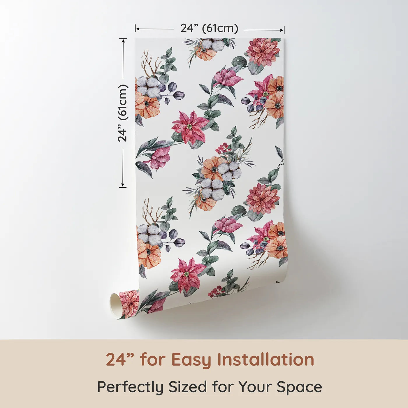 Dimension view of Whimsy Tots Winter Blooming Garden Wallpaper in White (W3369A). Printed in 24-inch-wide panel for easy installation. Watercolor florals and cotton sprigs bloom softly on a bright winter-white sky.