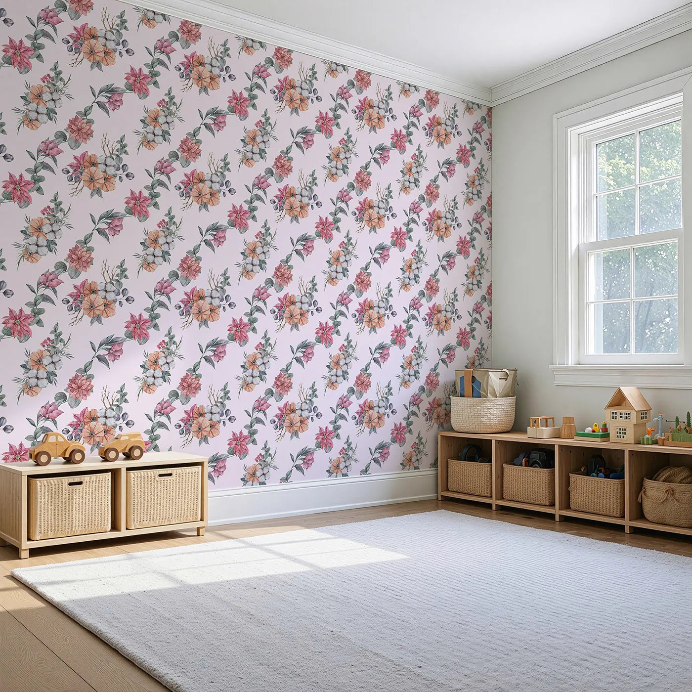Angled view of Whimsy Tots' Winter Blooming Garden Wallpaper in Blush Pink (W3369B).Delicate florals and frosted pods bloom softly on a rosy blush breeze.