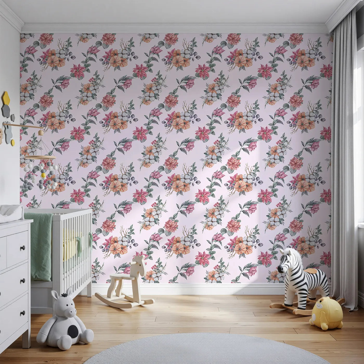 Front view of Whimsy Tots' Winter Blooming Garden Wallpaper in Blush Pink
