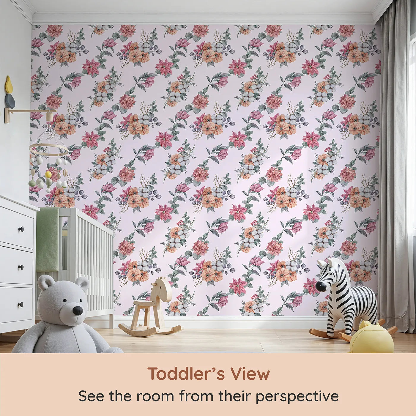 Whimsy Tots Winter Blooming Garden Wallpaper in Blush Pink (W3369B) from your child's view.Delicate florals and frosted pods bloom softly on a rosy blush breeze.