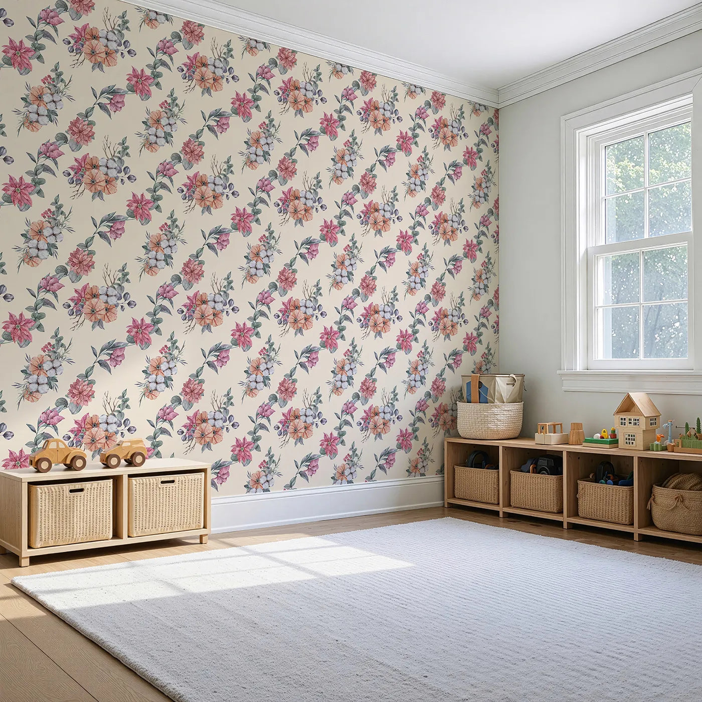Angled view of Whimsy Tots' Winter Blooming Garden Wallpaper in Cream (W3369C).Watercolor florals and soft cotton bloom gently across a creamy sky.