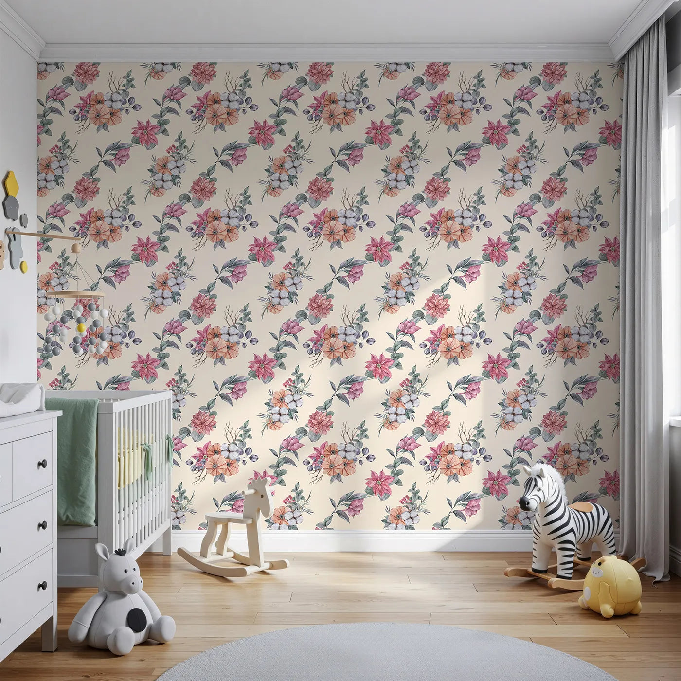 Front view of Whimsy Tots' Winter Blooming Garden Wallpaper in Cream