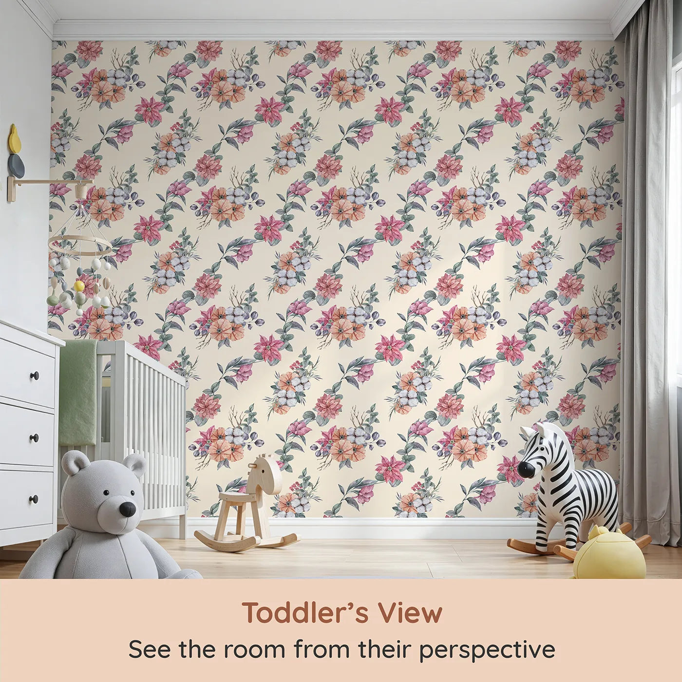 Whimsy Tots Winter Blooming Garden Wallpaper in Cream (W3369C) from your child's view.Watercolor florals and soft cotton bloom gently across a creamy sky.