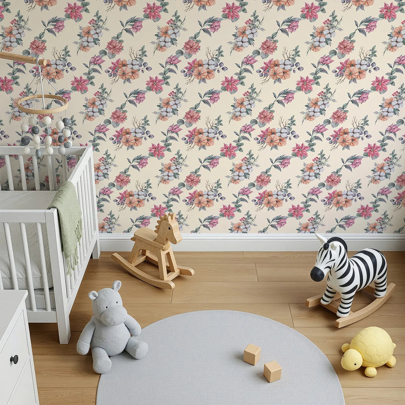 Top-Down view of Whimsy Tots' Winter Blooming Garden Wallpaper in Cream (W3369C).Watercolor florals and soft cotton bloom gently across a creamy sky.