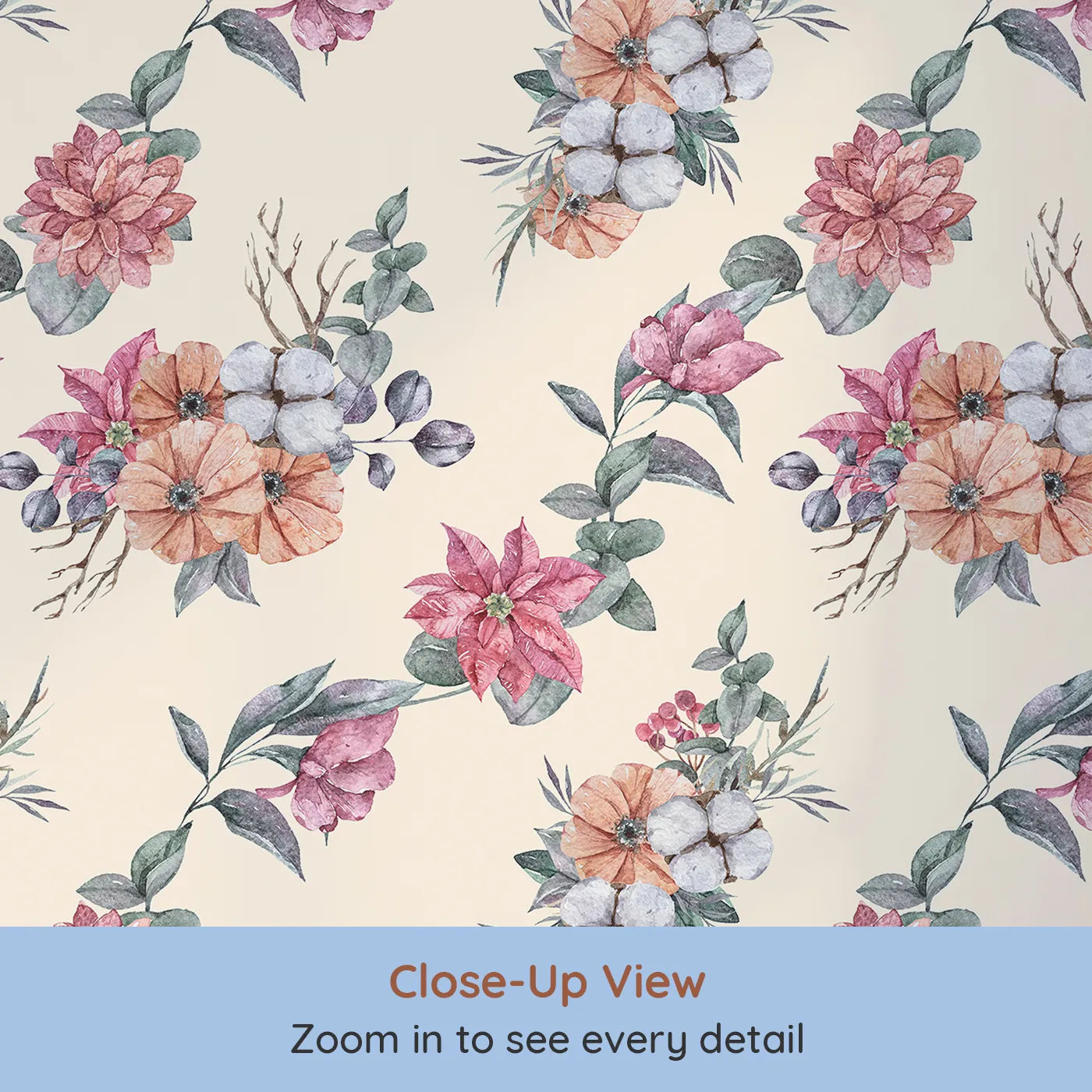 Close-up view of Whimsy Tots' Winter Blooming Garden Wallpaper in Cream (W3369C).Watercolor florals and soft cotton bloom gently across a creamy sky.