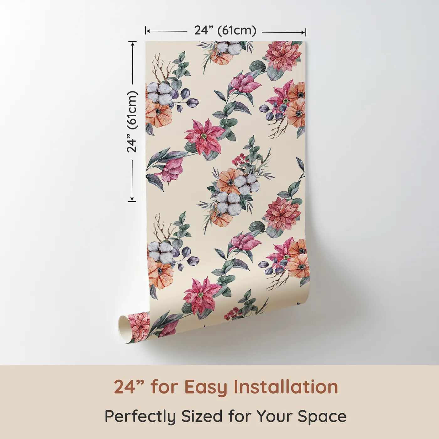 Dimension view of Whimsy Tots Winter Blooming Garden Wallpaper in Cream (W3369C). Printed in 24-inch-wide panel for easy installation. Watercolor florals and soft cotton bloom gently across a creamy sky.