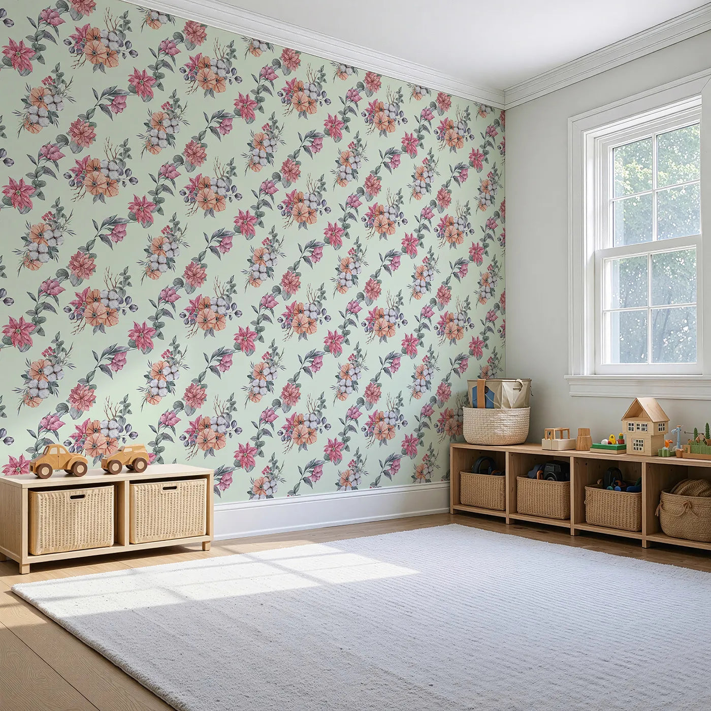 Angled view of Whimsy Tots' Winter Blooming Garden Wallpaper in Mint Green (W3369D).Festive florals and cotton sprigs bloom gently on a soft mint sky.