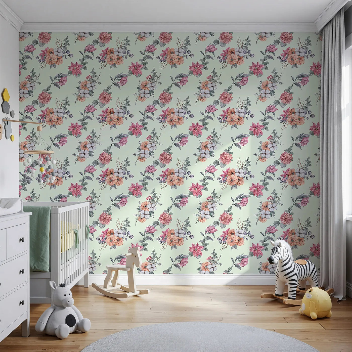 Front view of Whimsy Tots' Winter Blooming Garden Wallpaper in Mint Green
