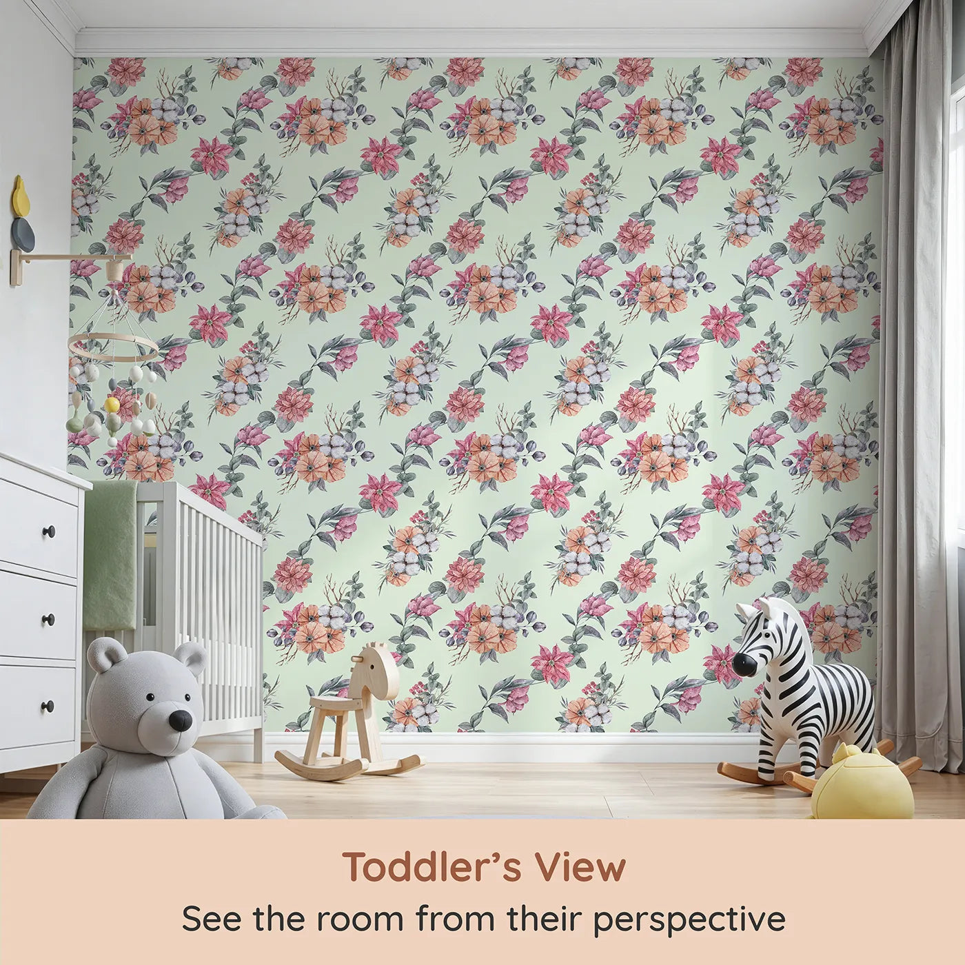 Whimsy Tots Winter Blooming Garden Wallpaper in Mint Green (W3369D) from your child's view.Festive florals and cotton sprigs bloom gently on a soft mint sky.