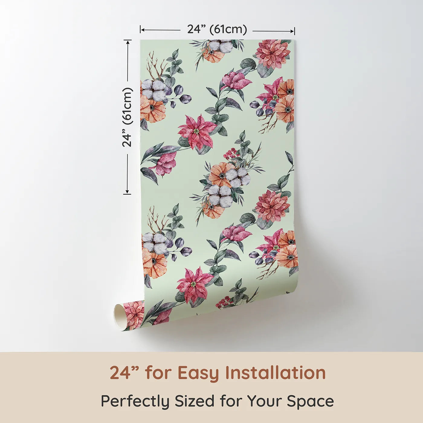 Dimension view of Whimsy Tots Winter Blooming Garden Wallpaper in Mint Green (W3369D). Printed in 24-inch-wide panel for easy installation. Festive florals and cotton sprigs bloom gently on a soft mint sky.