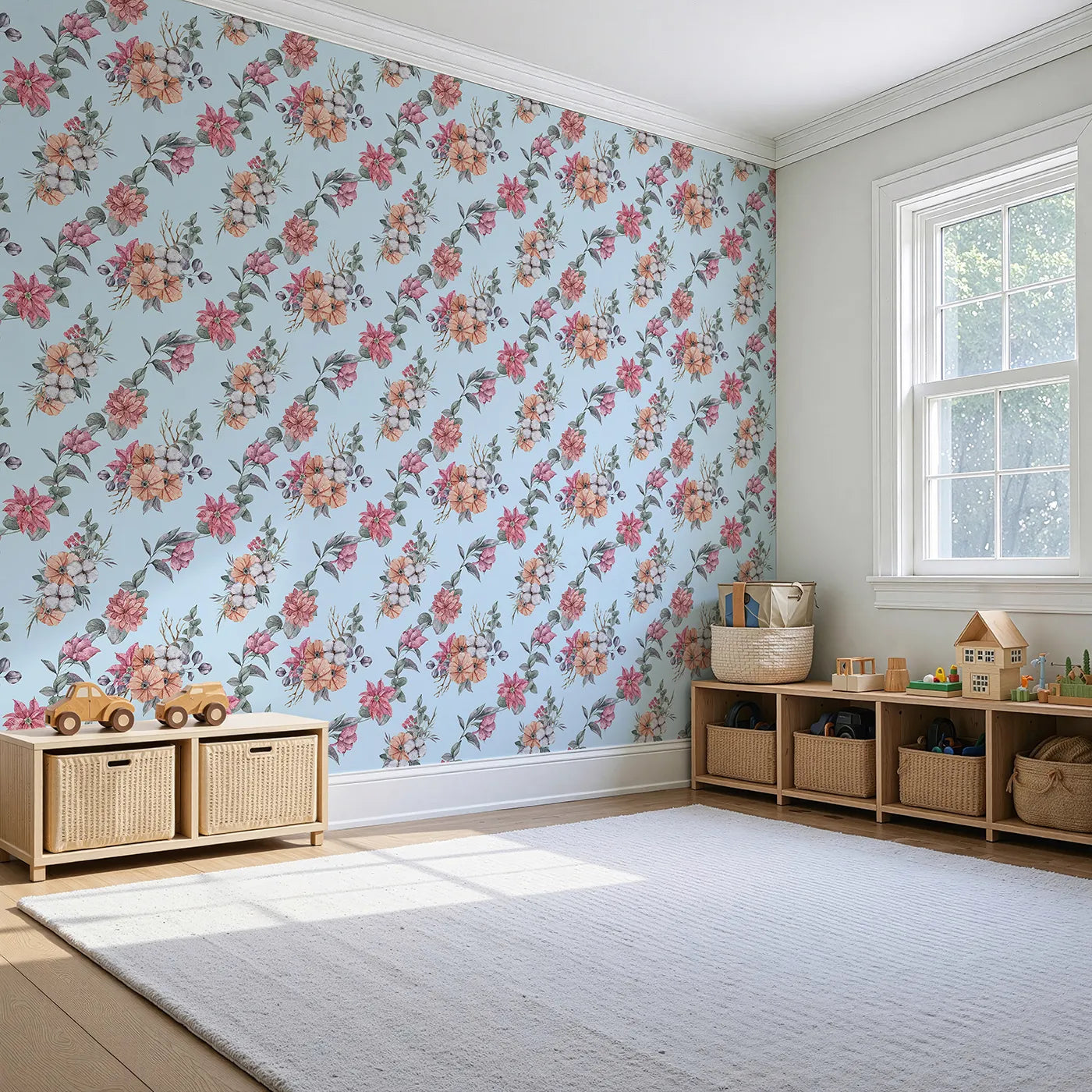 Angled view of Whimsy Tots' Winter Blooming Garden Wallpaper in Sky (W3369E).Festive florals and cotton blossoms drift across a soft sky-blue breeze.