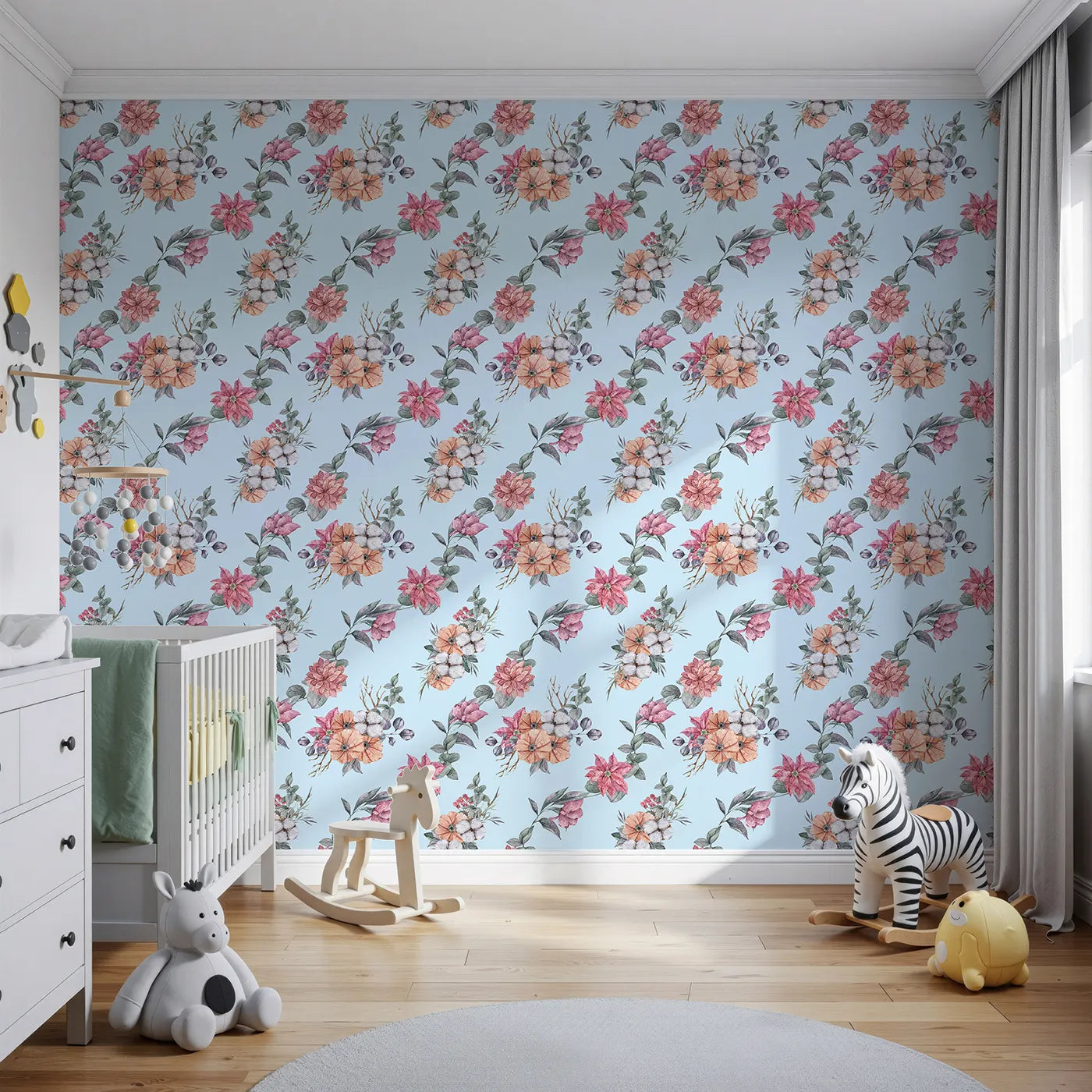 Front view of Whimsy Tots' Winter Blooming Garden Wallpaper in Sky