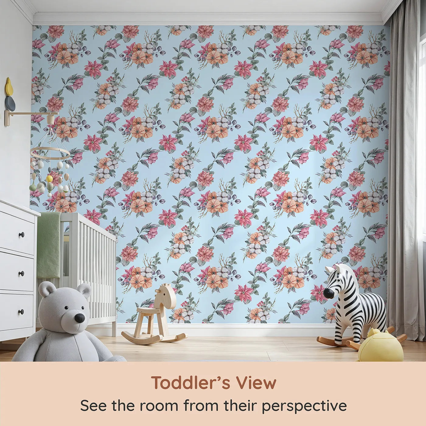 Whimsy Tots Winter Blooming Garden Wallpaper in Sky (W3369E) from your child's view.Festive florals and cotton blossoms drift across a soft sky-blue breeze.