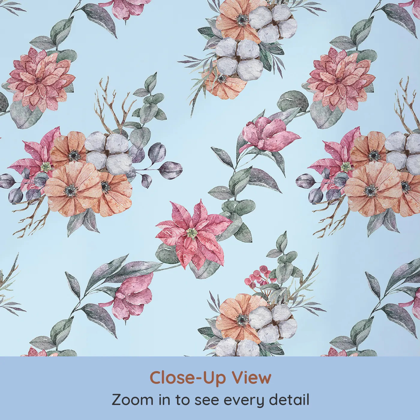 Close-up view of Whimsy Tots' Winter Blooming Garden Wallpaper in Sky (W3369E).Festive florals and cotton blossoms drift across a soft sky-blue breeze.