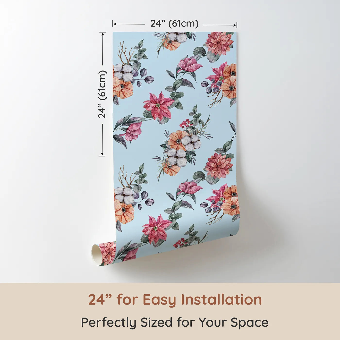 Dimension view of Whimsy Tots Winter Blooming Garden Wallpaper in Sky (W3369E). Printed in 24-inch-wide panel for easy installation. Festive florals and cotton blossoms drift across a soft sky-blue breeze.