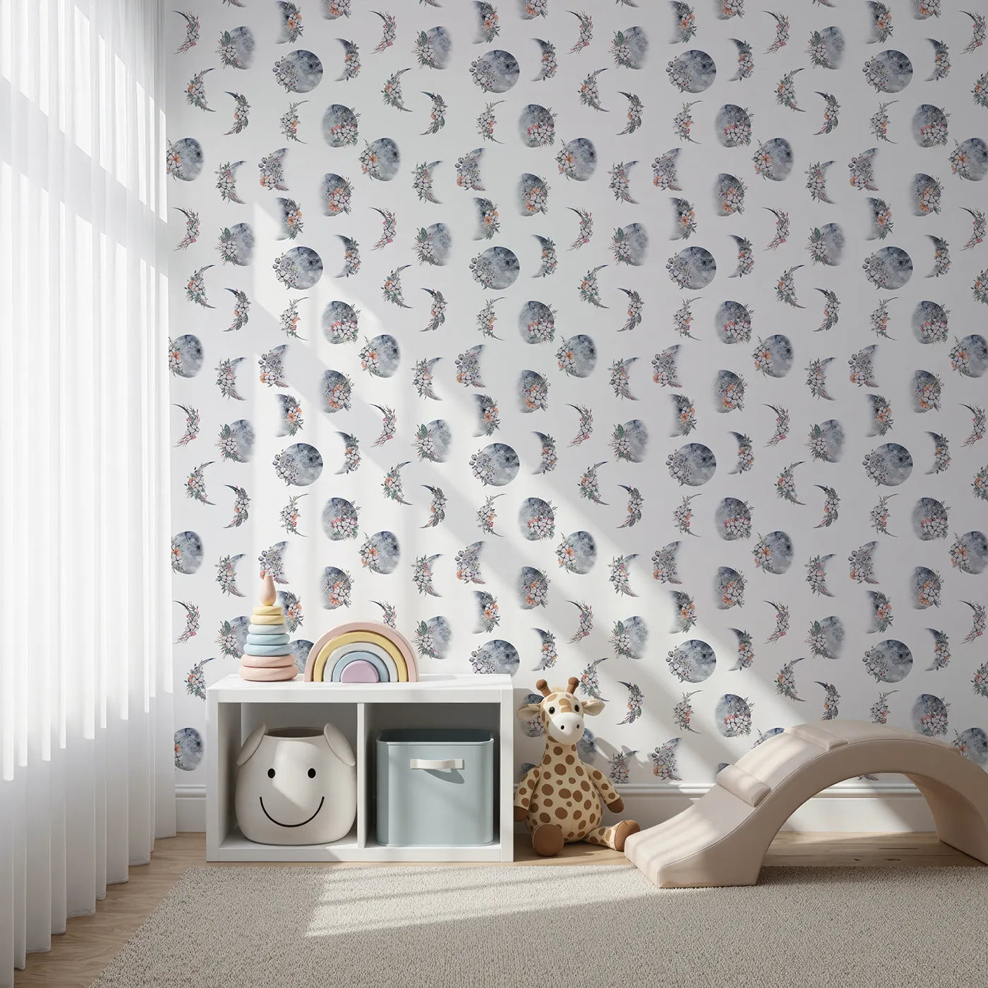 Front view of Whimsy Tots' Celestial Winter Blooms Wallpaper in White