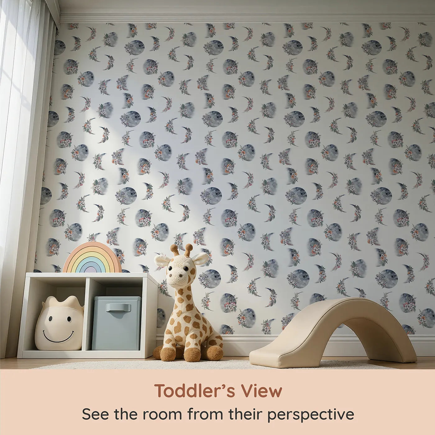 Whimsy Tots Celestial Winter Blooms Wallpaper in White (W3370A) from your child's view.Watercolor moons bloom with cotton, berries, and frost-kissed leaves.