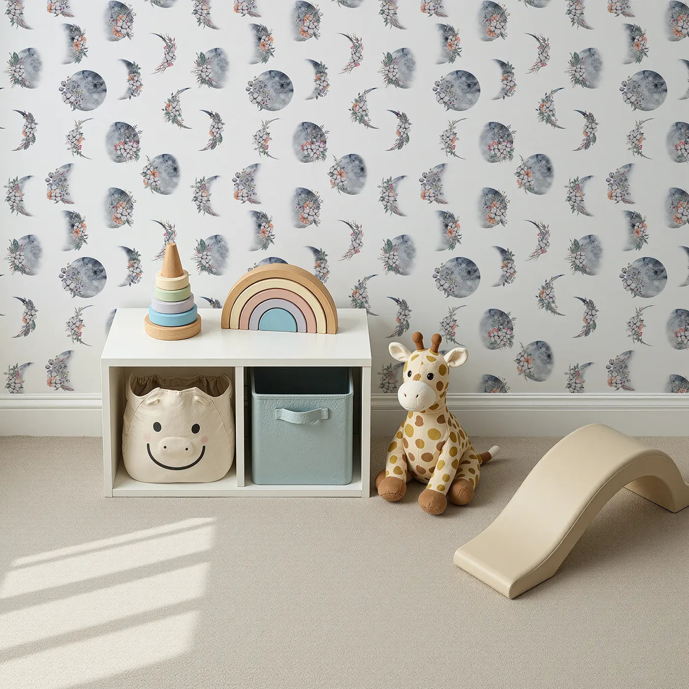 Top-Down view of Whimsy Tots' Celestial Winter Blooms Wallpaper in White (W3370A).Watercolor moons bloom with cotton, berries, and frost-kissed leaves.