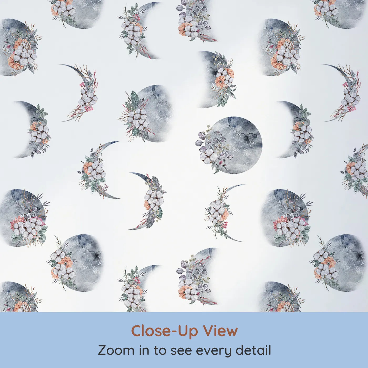 Close-up view of Whimsy Tots' Celestial Winter Blooms Wallpaper in White (W3370A).Watercolor moons bloom with cotton, berries, and frost-kissed leaves.