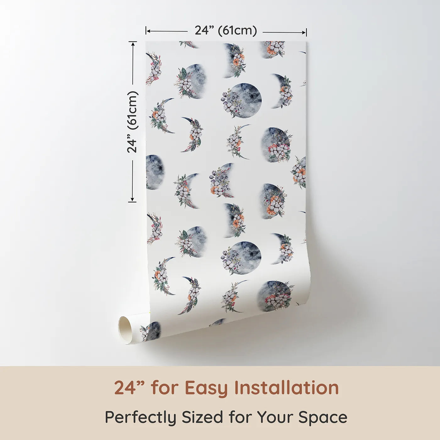 Dimension view of Whimsy Tots Celestial Winter Blooms Wallpaper in White (W3370A). Printed in 24-inch-wide panel for easy installation. Watercolor moons bloom with cotton, berries, and frost-kissed leaves.