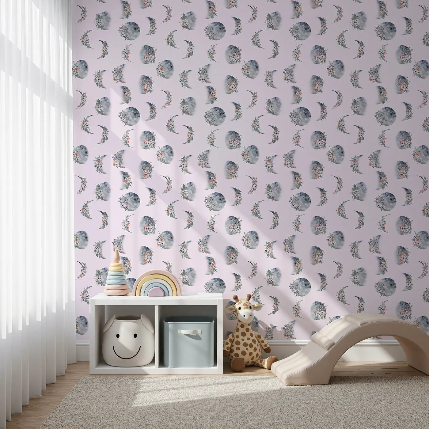 Front view of Whimsy Tots' Celestial Winter Blooms Wallpaper in Blush Pink