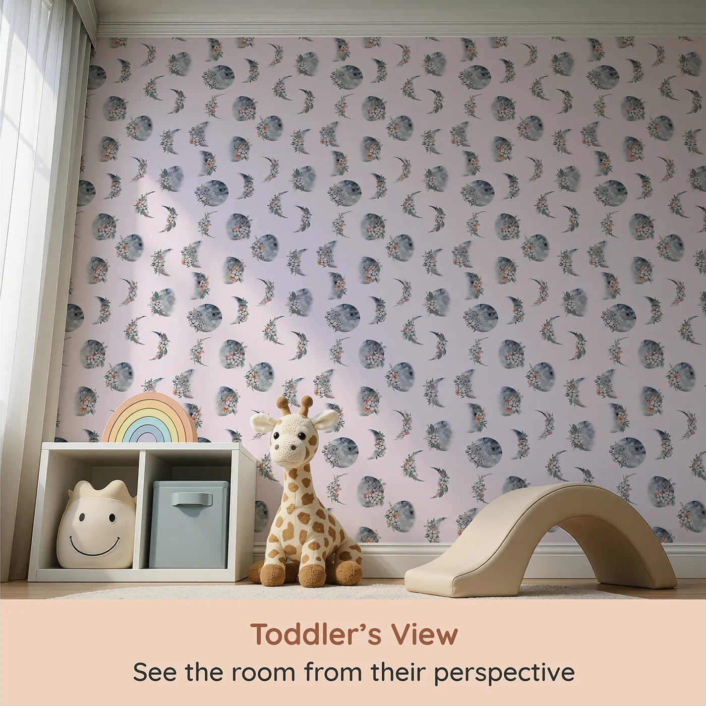 Whimsy Tots Celestial Winter Blooms Wallpaper in Blush Pink (W3370B) from your child's view.Moon phases bloom gently with winter florals on a blush sky.