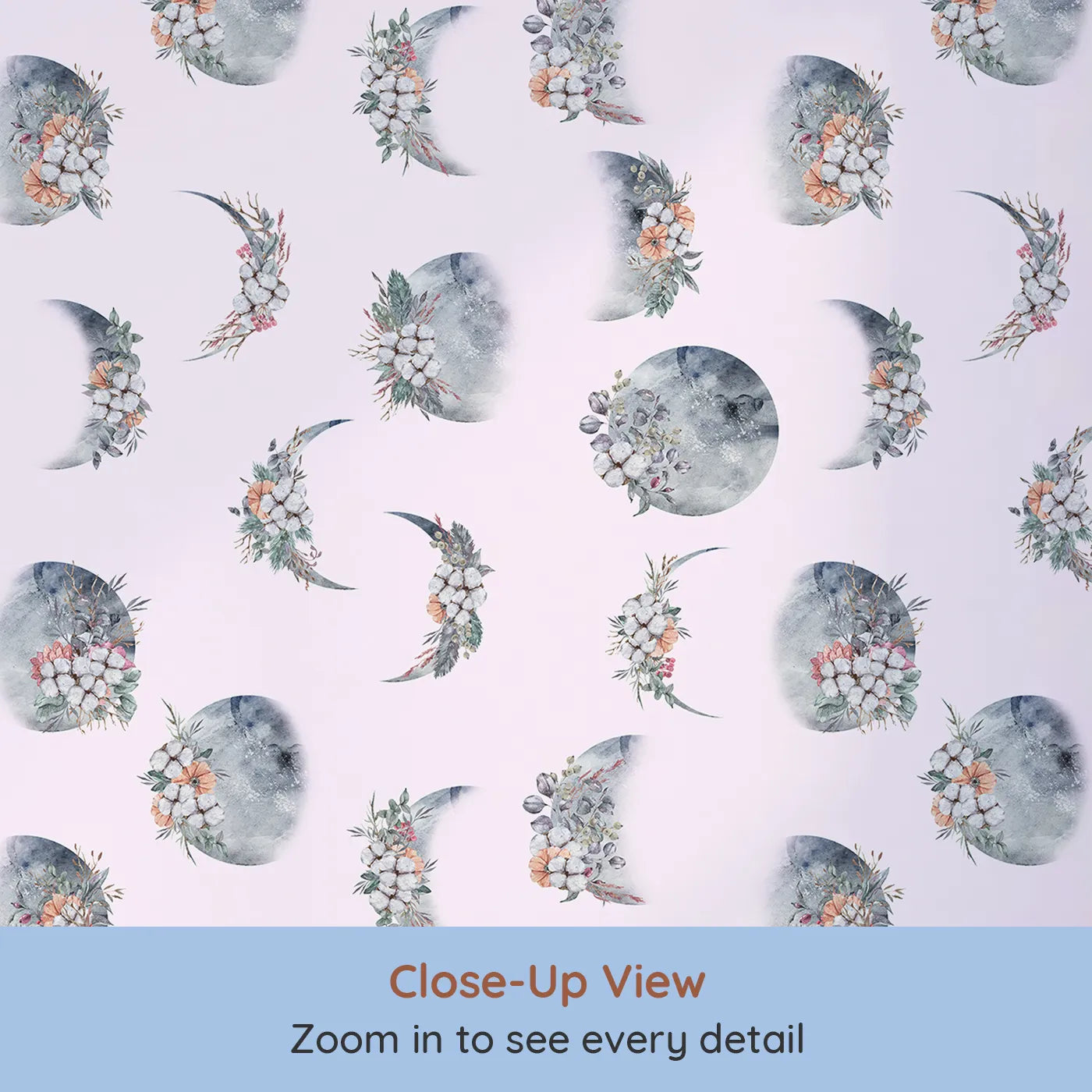 Close-up view of Whimsy Tots' Celestial Winter Blooms Wallpaper in Blush Pink (W3370B).Moon phases bloom gently with winter florals on a blush sky.