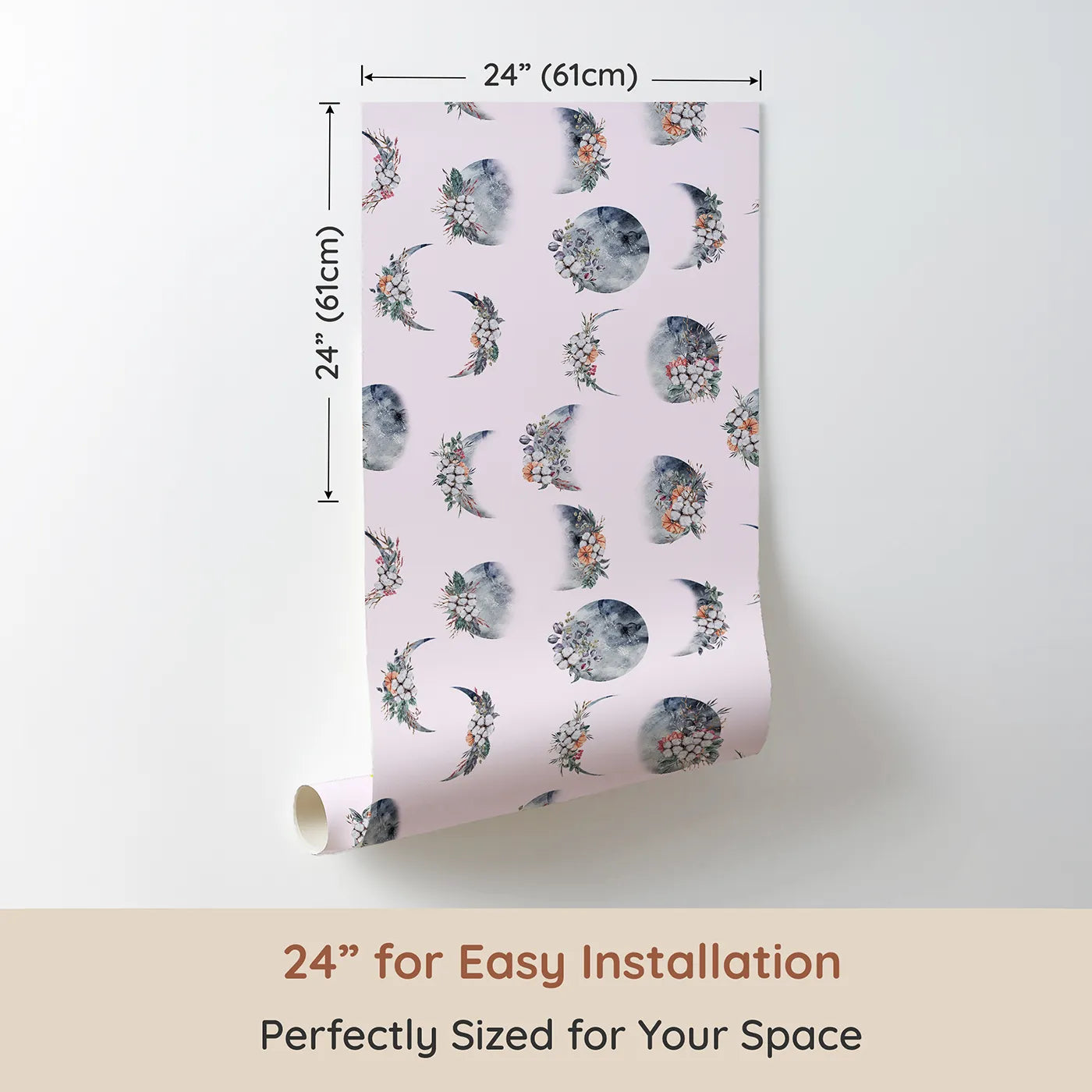 Dimension view of Whimsy Tots Celestial Winter Blooms Wallpaper in Blush Pink (W3370B). Printed in 24-inch-wide panel for easy installation. Moon phases bloom gently with winter florals on a blush sky.