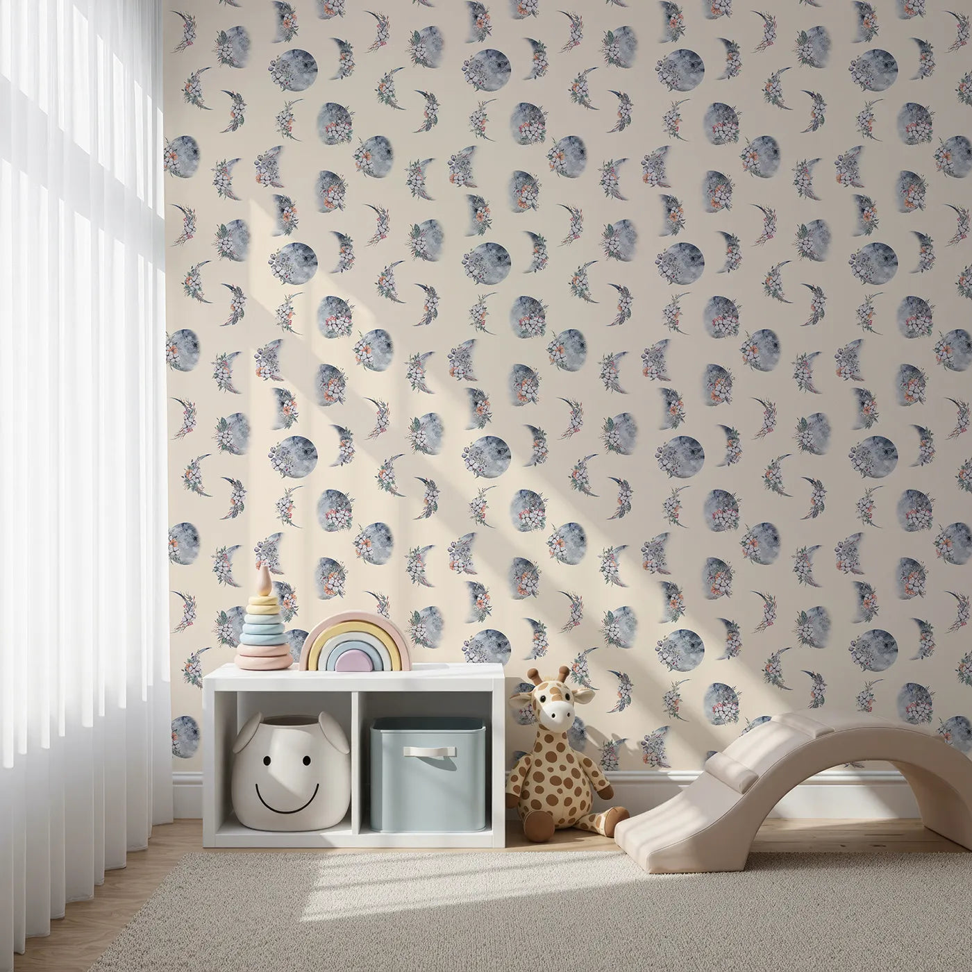 Front view of Whimsy Tots' Celestial Winter Blooms Wallpaper in Cream
