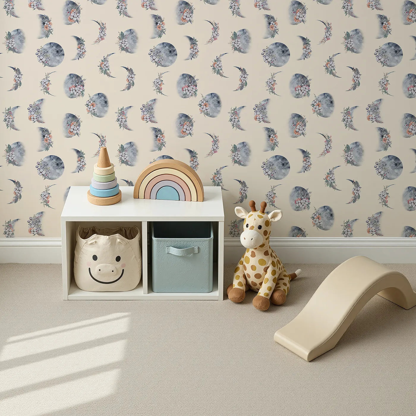 Top-Down view of Whimsy Tots' Celestial Winter Blooms Wallpaper in Cream (W3370C).Snowy moons and blossoms bloom gently on a warm cream sky.