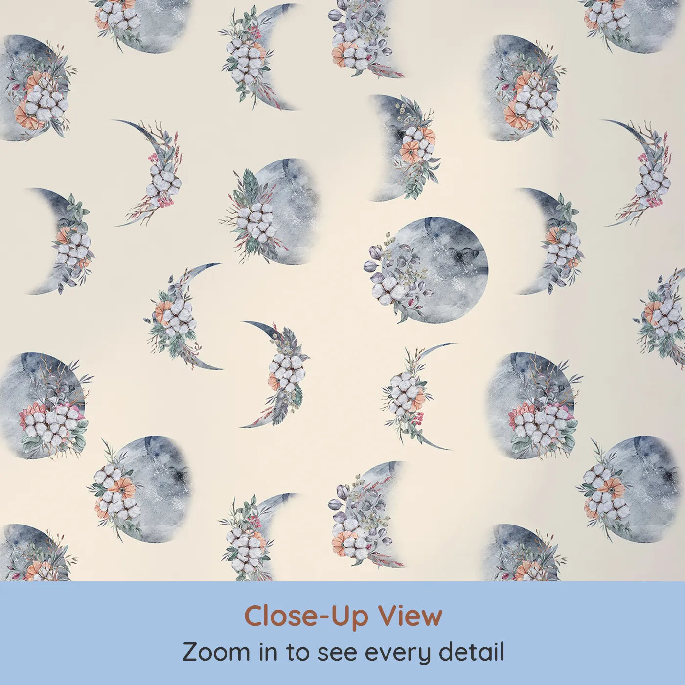 Close-up view of Whimsy Tots' Celestial Winter Blooms Wallpaper in Cream (W3370C).Snowy moons and blossoms bloom gently on a warm cream sky.
