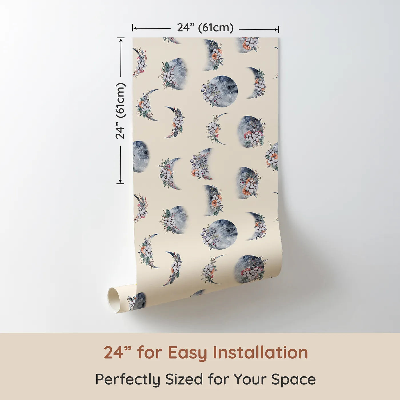 Dimension view of Whimsy Tots Celestial Winter Blooms Wallpaper in Cream (W3370C). Printed in 24-inch-wide panel for easy installation. Snowy moons and blossoms bloom gently on a warm cream sky.