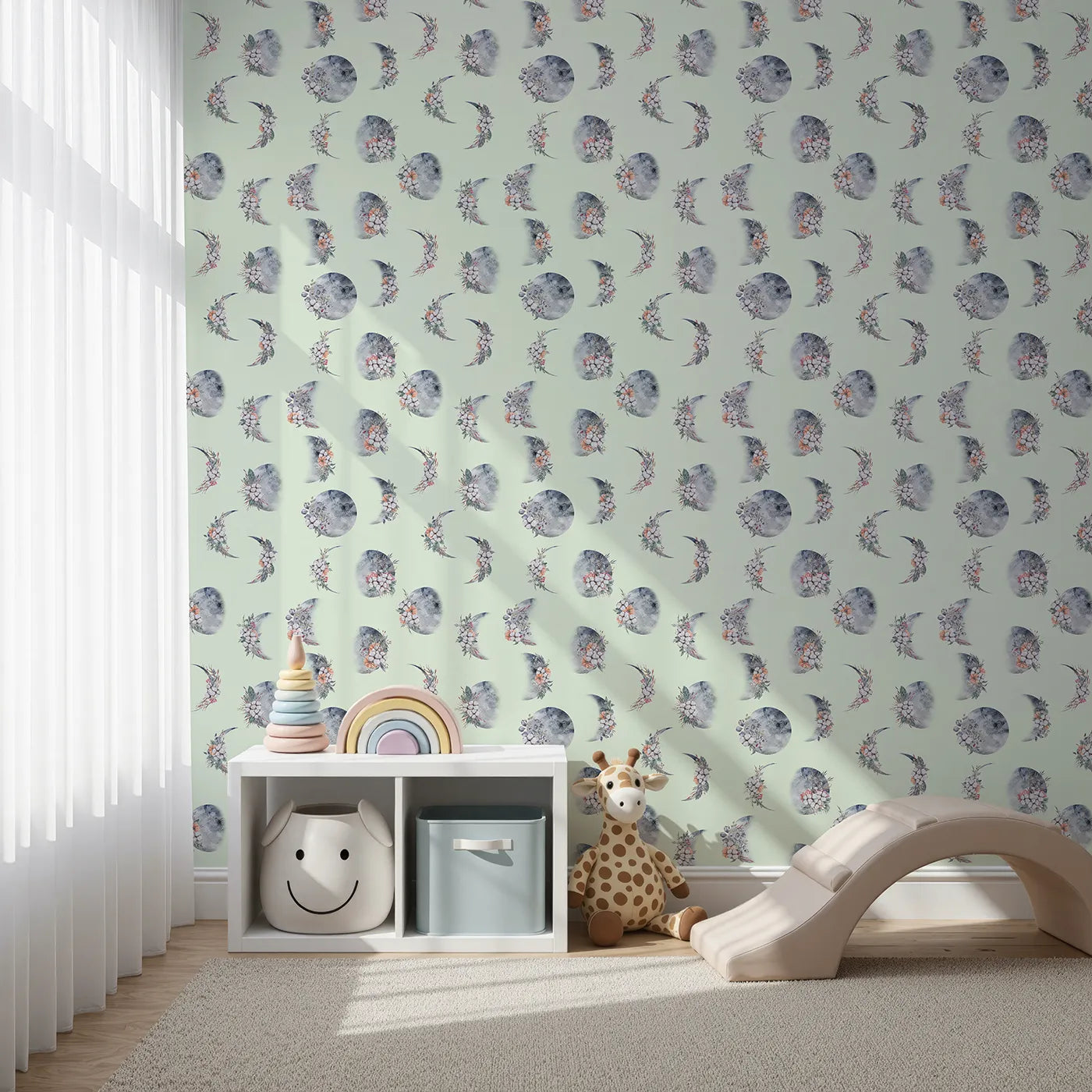 Front view of Whimsy Tots' Celestial Winter Blooms Wallpaper in Mint Green