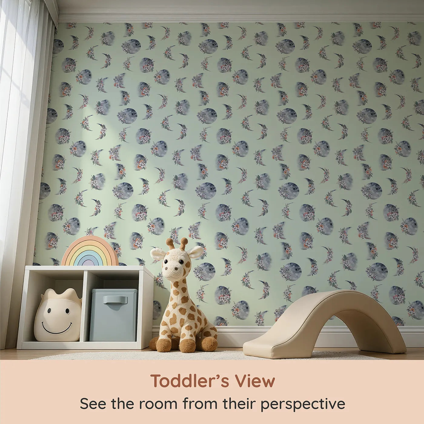 Whimsy Tots Celestial Winter Blooms Wallpaper in Mint Green (W3370D) from your child's view.Celestial moons and floral sprigs float across a minty sky.