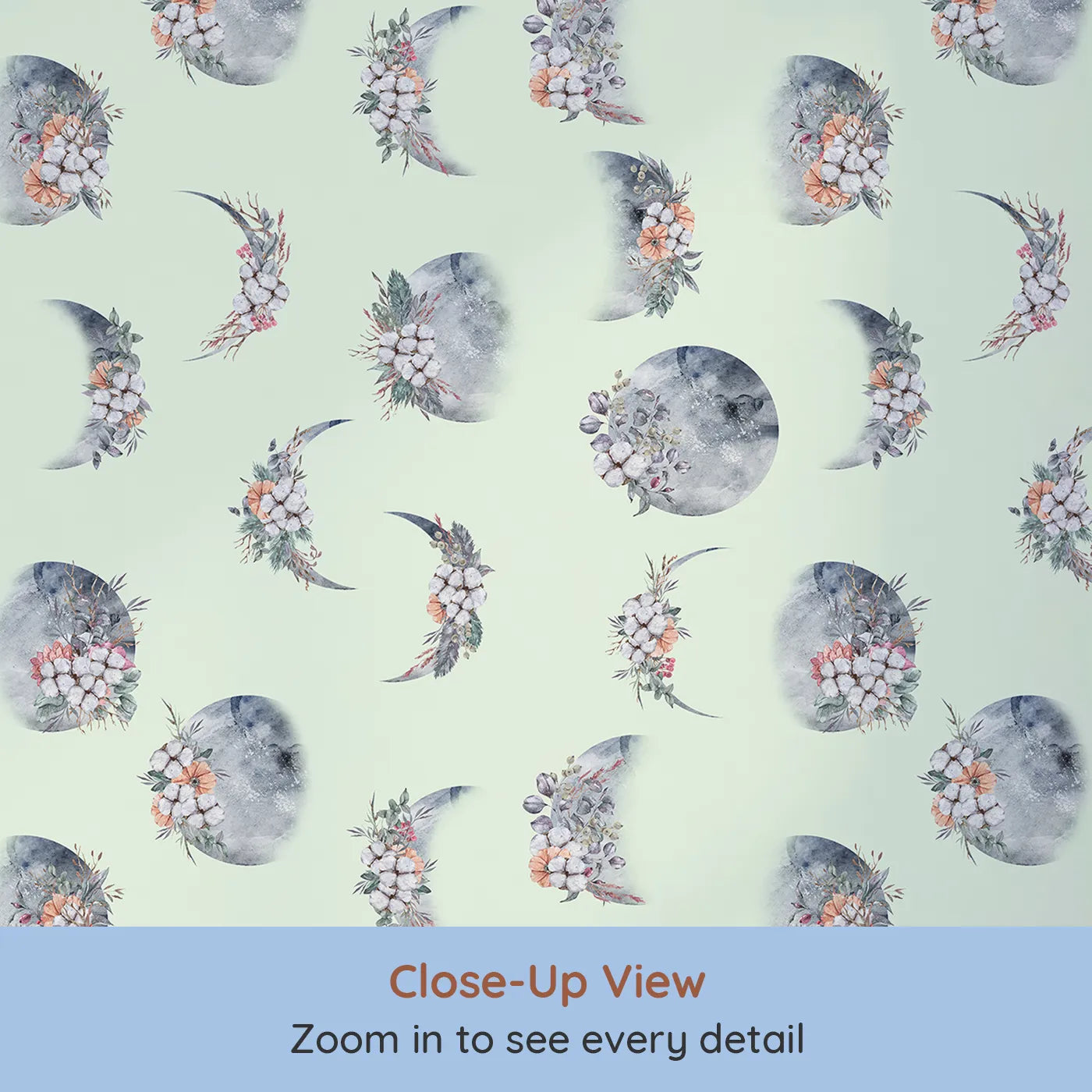 Close-up view of Whimsy Tots' Celestial Winter Blooms Wallpaper in Mint Green (W3370D).Celestial moons and floral sprigs float across a minty sky.